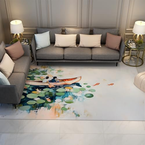 UERWOWELL Aquarell Kunst Bereich Teppich Teich Seerose Fisch Waschbare Teppiche für Wohnzimmer Moderne rutschfeste Teppiche für Schlafzimmer Kinderzimmer Dekor 60x120cm