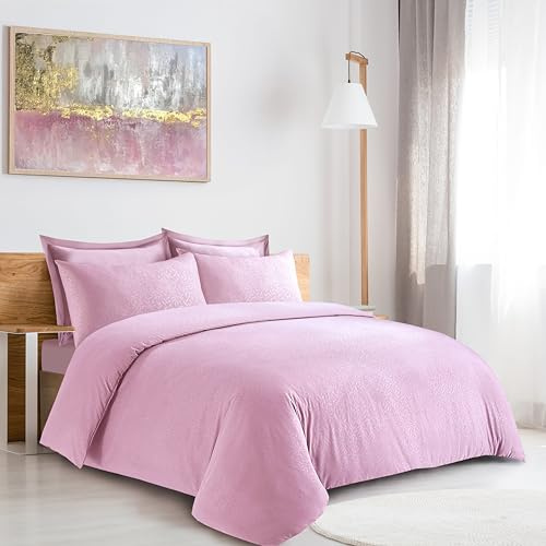 LYMA Bedding Duvet Cover Set Single Leafs Embossed, OEKO-TEX Certified, Ultra Soft NanoPlush Double Brushed Quick Dry & Button Closure, Wrinkle Fade Resistant Quilt Cover with Pillowcase (Light Pink)