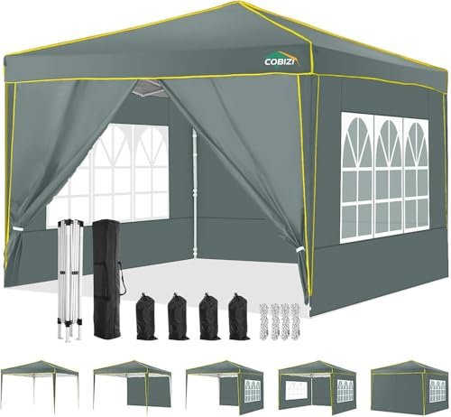 COBIZI Pavillon 3x3 Wasserdicht Stabil Winterfest Partyzelt, Faltpavillon 3x3 mit 4 Seitenteilen, 100% Wasserdicht und UV 50+ Tragbares High-End Tragbarkeit Gartenpavillon, Grau