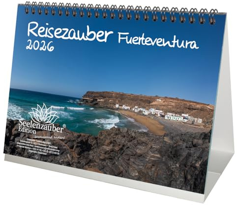 Reisezauber Fuerteventura DIN A5 Tischkalender für 2026 Urlaub Strand - Set-Inhalt: 1x Kalender 1x Weihnachtsanhänger 1x Grußanhänger (gesamt 3 Teile)