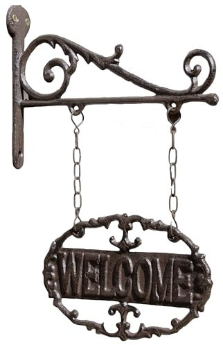 Cast Iron Welcome Sign With Wall Bracket 22x32x4cm Antique Hanging Door Gate Garden Decoration
