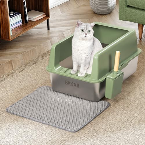 BAKAJI Lettiera per Gatti XXL Verde Aperta con Base in Acciaio con Bordo Anti Sabbiolina, Paletta per Raccolta e Contenitore, Tappetino Anti Sporco, Base Antiscivolo, Capacità 35 L, 60 x 40 x 30 cm