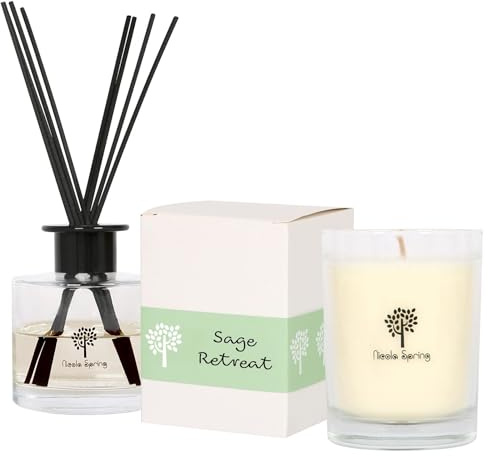 Nicola Spring Soy Wax Scented Candle & Reed Diffuser Set – Sage Retreat Fragrance – 160g Candle 28 Hour Burn & 200ml Diffuser 60 Day Scent – Luxury Eco-Friendly Home Fragrance Gift Set