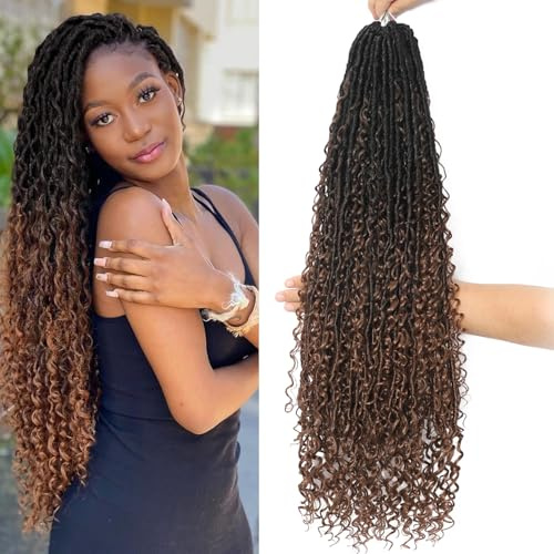 FALEMEI Boho Locs Crochet Hair 30 Inch Goddess Braids Crochet Hair for Black Women 8 Packs Boho Faux Locs With Curly Ends Pre Looped Bohemian (1B/4/30#, 30 Inch (Pack of 8))