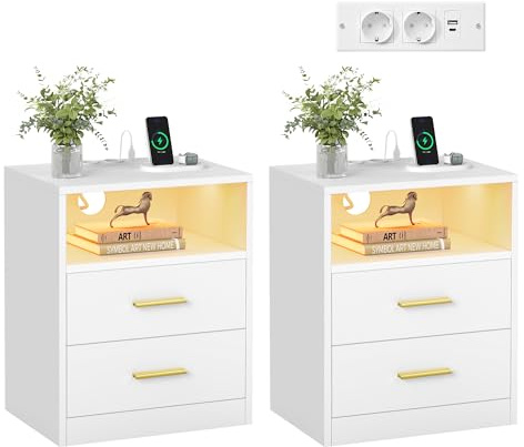 VASAGLE Nachttisch mit Ladestation, LED-Beleuchtung, Schubladen | Beistelltisch, modern, 2 AC-Steckdosen und USB-Anschlüssen, wolkenweiß, CUSTOS Kollektion LET829WB01