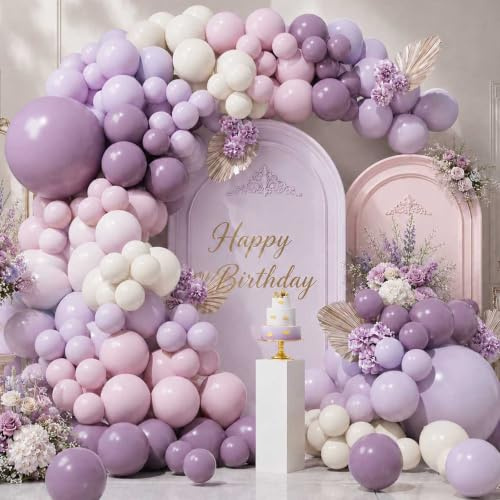 SUWEN 153 Pezzi Viola Polvere Chiaro Rosa Beige Palloncini Arco Set | 18/10/5 Pollici Pastello Viola Sabbia Bianca Palloncini Ghirlanda Diverse Dimensioni per Anniversario Festa Decorazioni