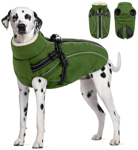 CITÉTOILE Wasserdichter Winter Hundemantel mit Geschirr Fleece Grün XXL | Warme Hundejacke mit Reißverschluss, Wintermantel mit Reflektorstreifen für kleine Mittel Große Hunde, mit Bauchschutz