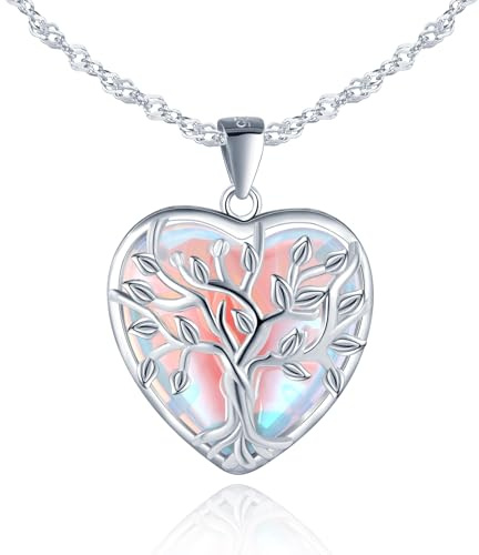 MICSAVI Collana Albero della Vita con Pietra di Luna da Donna in Argento 925, Ciondolo Cuore con Albero, Pendente con Catena 45 cm, Collane Gioielli per Ragazze Mamma Moglie Fidanzata