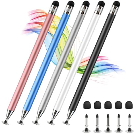 Stift für Tablet (5 Stück) Universal 2 in 1 Touchscreen Stift für Handys | Leichtgewicht, Präzise Steuerung Touchscreen Stift, Roségold, Blau, Silber, Weiß, Schwarz
