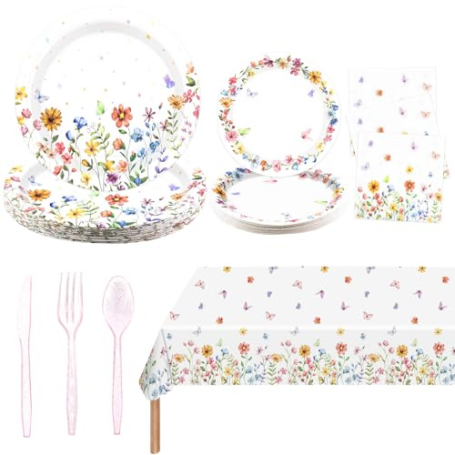 Dhnvcud 145 Pcs Wildflower Paper Plates Napkins Tablecloth Knife Fork Spoon Party Supplies for 24 Guests, Floral Birthday Flower Baby Shower Decorations Tableware for Picnic Wedding Birthday Tea Party