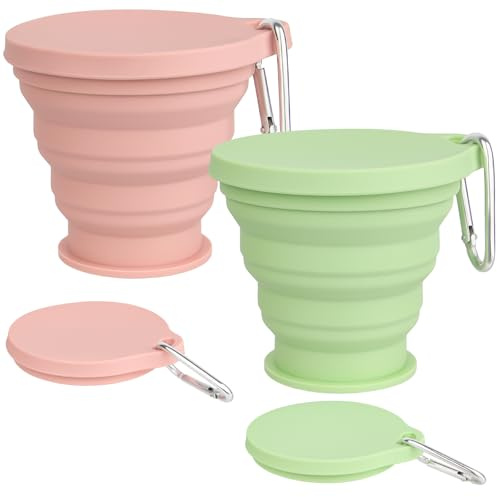 Realjoy 2 Pcs Collapsible Cup,Silicone Foldable Cup with Sealing Lid | BPA Free Portable Collapsible Travel Mugs, Reusable Travel Mug for Picnics,Camping,Hiking(Green + Pink)