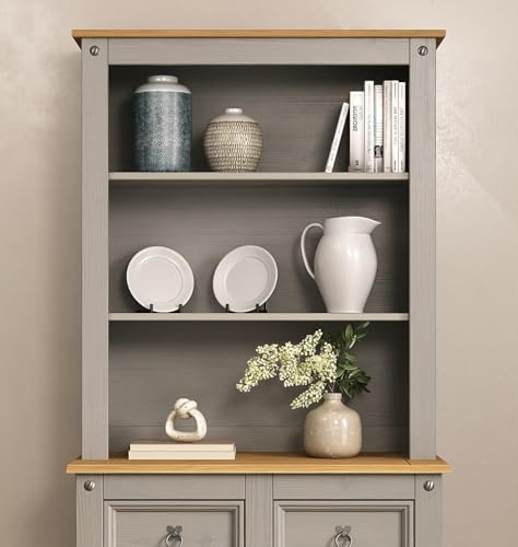 Corona Sideboard Hutch Solid Wood Pine Welsh Dresser Top – Grey Wax Painted with Shelves, Rustic Storage Display Unit for Kitchen Hallway Living Room & Lounge