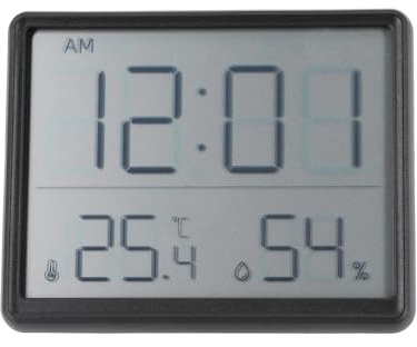 Helilyco Monitor elettronico di umidità della temperatura con grande schermo, igrometro multifunzione orologio per casa cucina frigorifero, nero