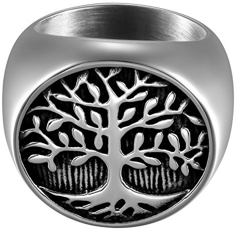 Flongo Herrenring Daumenring Bandring Männer Ringe, Edelstahl Ring Ringe Silber Schwarz Baum des Lebens Tree of Life Motorradfahrer Biker Retro Herren Größe 54