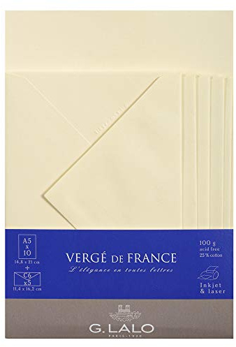 Lalo 61416L Korrespondenz Set Vergé de France (mit 5 Blatt DIN A5, 14,8 x 21 cm, 100 g, säurefrei, gerade Kante und 5 Umschläge, 11,4 x 16,2 cm, nassklebend und gefüttert, elfenbein)