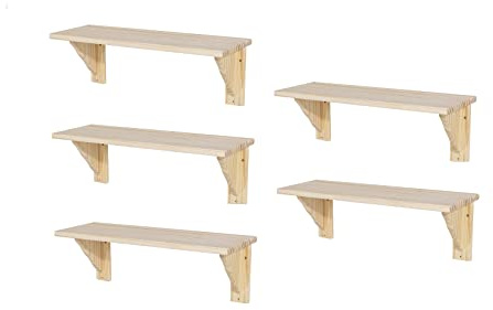 Set of 5 Natural Wooden Shelf Storage Kit Pine Colour & Fixings 580mm x 190mm x 16mm