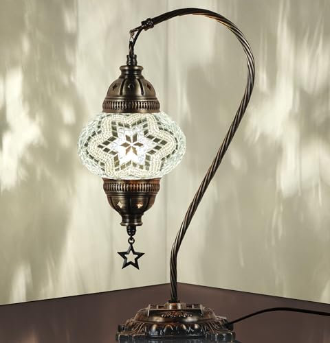 DEMMEX Authentic Turkish Lamp, Made in Turkey, Turkish Moroccan Mosaic Table Bedside Lamp, 100% Handcrafted, Antique Brass Color Metal Body and Decorated Metal Base, 15, White-Clear