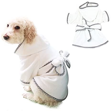 Dog Bathrobe, Microfiber Fast Drying Absorbent Hooded Bath Towel White for Puppy Small Medium Large Dog Cat (S, White)