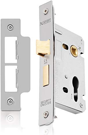 XFORT® Satin Chrome Euro Profile Sashlock 65mm, Internal & External Door Sashlock with Euro Cylinder Key Locking Security, Fire Rated Protection