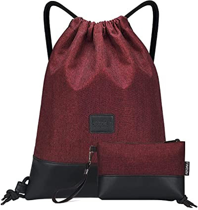 LIVACASA Turnbeutel Hipster Sportbeutel Wasserabweisend Mit Leder Gym Beutel Gefüttert Mit Innentasche Schlüsselbund Damen Gym Bag Herren Tüte Rucksack Außentasche Gymsack Rot mit Geldtasche