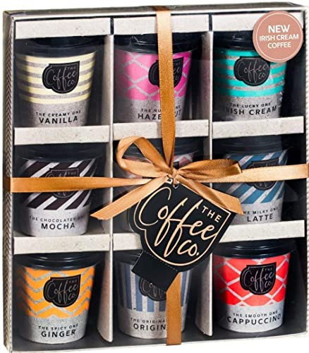 Coffee Gifts - Instant Coffee Hamper | 9X Flavours Mini Travel Takeout Cups | Irish Cream, Salted Caramel, Latte, Mocha and More- Christmas Gifts for Men Women | Drink Gift for Coffee Lover Gift tag