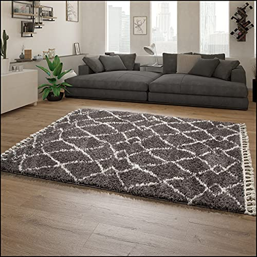 Paco Home Hochflor Teppich Wohnzimmer Shaggy Skandinavisch Fransen Flauschig Modern Langflor, Grösse:140x200 cm, Farbe:Anthrazit
