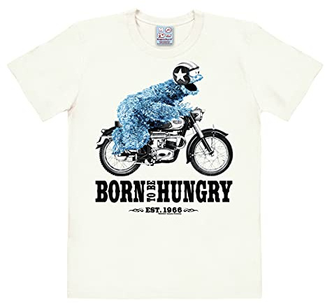 Logoshirt® Sesamstrasse I Krümelmonster I Motorrad I Born to Be Hungry I T-Shirt Print I Damen & Herren I kurzärmlig I Weiss I Lizenziertes Originaldesign I Größe 3XL