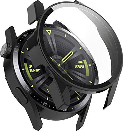 AWADUO Smartwatch Full Coverage PC Custodia con pellicola protettiva in vetro temperato per Huawei Watch GT3 42 mm, morbida e resistente, nero