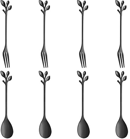 AnSaw 4 kleine Kaffeelöffel und 4 Dessertgabeln, 11,9 cm, Edelstahl, mit Blattgriff, schwarz