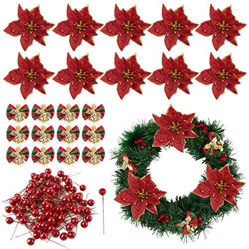Christmas Decoration Set, 12Pcs Christmas Artificial Poinsettia Flowers + 12Pcs Christmas Bows + 100Pcs Christmas Holly Berries for Christmas Tree Decorations Wreath Garland Making