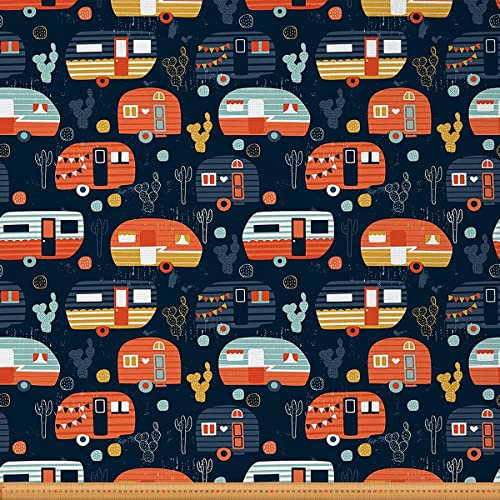 Jungen Fröhliches Campen Auto Stoff Meterware Kinder Camper Rv Polsterstoff Teenager Rustikales Bauernhaus Thema Dekorationsstoff Karikatur Camping Stoff für Drinnen und Draußen Bunt 92 x 150 (HxB)