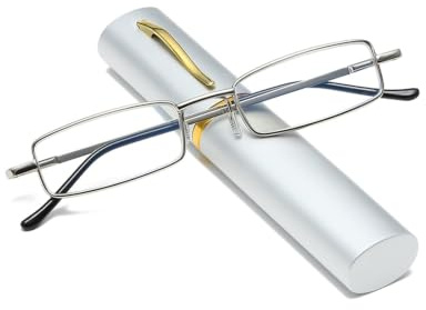 Hubeye Slim Pen Reading Glasses Ultralight Metal Portable Clip Case 2.50 | Compact Pocket Design, Tube Reader, Spring Hinge, Men Women, Anti Blue Light, Small, Travel Glasses, Easy to Carry, Silver