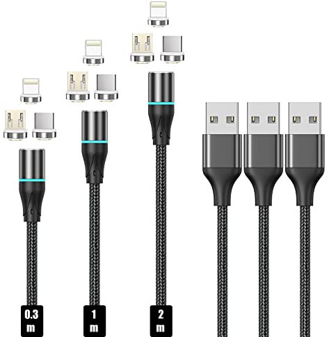 N. NETDOT Magnetisches Ladekabel, 3in1 Schnellladung Gen12 Telefonladegerät und Datenübertragung Magnetisches Ladegerät für Micro-USB, USB-C und i-Produkt - 0.3/1/2m