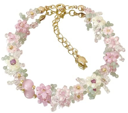 Ichlovdu Damen Armband Gänseblümchen Boho Handgefertigt Blumen Böhmische Perlen Armbänder für Frauen Mädchen Romantisches Schmuck Schön Bracelet (Mehrfarbig3Rosa)