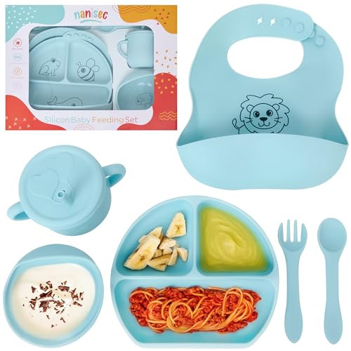 Vajilla Infantil, Vajilla de Silicona para Bebés Antideslizante con Ventosa-Babero Plato Cuchara Tenedor y Taza-Sin BPA-Producto Aprendizaje Infantil-Plato con ventosa-Vajilla bebé-Regalo para bebé