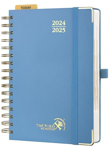POPRUN Kalender 2024 2025 Tagesplaner 21,5 x 14,5 cm, Tageskalender A5 1 Tag 1 Seite (Montag - Sonntag), Terminplaner (Aug.2024-Jul.2025) Ringbuch mit Hardcover, Plastiklineal - Dunstblau