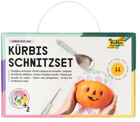 folia 23008 - Kürbisschnitzset CARVE YOUR WAY aus Metall, mit 4 Werkzeugen zum Schnitzen, Set für Kinder und Erwachsene, inkl. Schablonen und Stickern