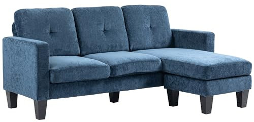 HOMCOM Sofá Esquinero Sofá en Forma de L Tapizado en Poliéster Chaise Longue Reversible con 3 Cojines para Salón Carga 180 kg 186x130x84 cm Azul