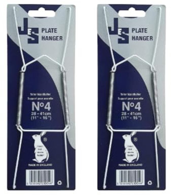 2 x White Plastic Covered Wire PLATE HANGERS for Wall - Suitable for 28 / 41 cm Plates - Made in UK