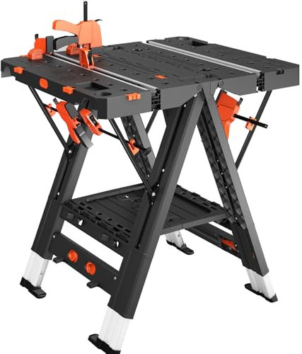 LARBANKE Klappbare Werkbank,2-In-1 Wasserdichter,Klappbarer Arbeitstisch,79 * 63.5 * 82CM Werkbank,Höhenverstellbarer Arbeitstisch mit 4 Schraubzwingen,4 Verbindungsblöcken,2 Begrenzungsblöcken