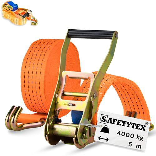 Safetytex Spanngurt 4t zweiteilig mit Ratsche & Spitzhaken – 5m lang 50mm breit – LC 2000/4000 daN – Zurrgurt zweiteilig – Profi-Ratsche – 100% Polyester (2 Stück)