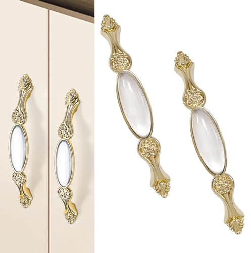 Elistonie 2 Pack Vintage Style Cabinet Handles - 128mm Hole Center Gold Art Pattern Zinc Alloy Cupboard Handles (Light Gold)