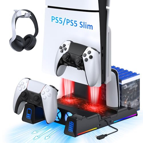 NexiGo PS5 Silent Cooling Stand for Both PS5 and New PS5 Slim Consoles, RGB LED Light, Dual Charging Station, Compatible with Dual_Sense Edge Controller, Hard Drive, Headset and Remote Holder, Black