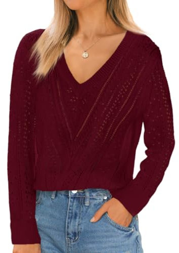 Imily Bela Jersey de manga larga para mujer, cuello en V, corte ajustado, ligero, bonito jersey de sudadera con crochet, borgoña, M