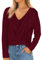 Imily Bela Jersey de manga larga para mujer, cuello en V, corte ajustado, ligero, bonito jersey de sudadera con crochet, borgoña, M