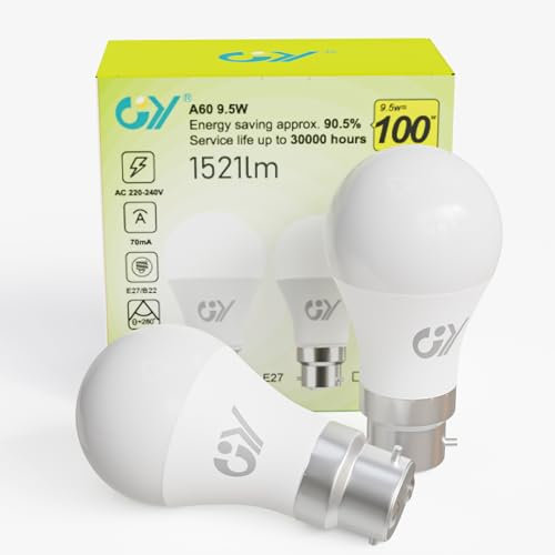GY Ampoule LED B22 Classe C 9.5W (Équivalent 100W) ,1521 Lumens 4000K Blanc Neutre , A60 Ampoules Culot B22 Baïonnette LED, Économie d'Énergie,Angle 280°, Non-Dimmable,Lot de 2