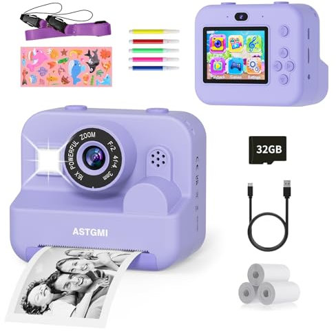Sofortbildkamera Kinder Mit Selfie,kinderkamera 1080P HD Sofortdruck von Fotos,Geburtstagsgeschenk Weihnachten Geschenk Spielzeug ab 3 4 5 6 8 7 9 10 Jahre Mädchen Jungen (Lila)