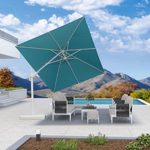PURPLE LEAF Parasol Déporté Pivotant 3 x 3 m Carré, Parasol De Jardin Extérieur Blanc en Aluminium, Incliné des deux côtés et Rotation à 360°, Toile UPF 50+, Bleu lac