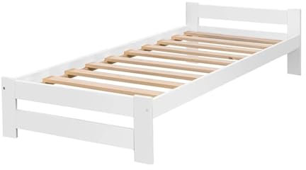 All4All Bettgestell Reko - Massivholz - Holzbett – mit Lattenrost/Rollrost - Bettrahmen - Einzelbett - Hotelbett - Weiß - 90x200cm