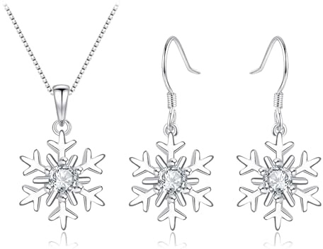 Cangall Silber Weihnachten Schmuck Set Damen, 925 Sterling Silber Schneeflocke Halskette & Ohrringe Set, Silber Weihnachts Schmuckset mit Zirkonia, 45cm Silberkette mit Anhänger & Ohrhänger Set